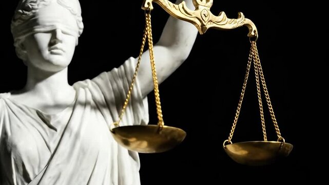The image features a statue of Lady Justice, blindfolded and holding a set of scales. The statue is set against a dark background.