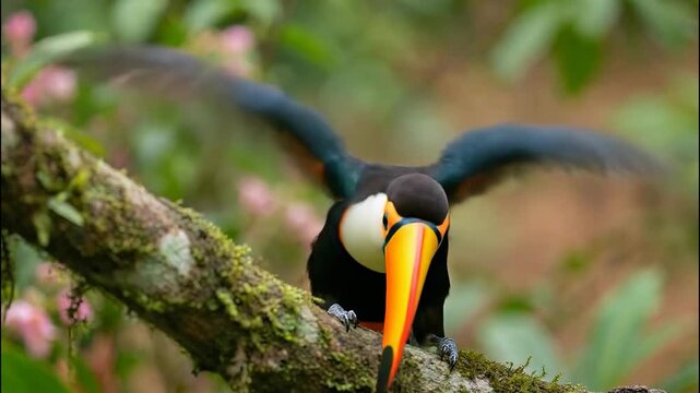 A toco toucan is perched on a mossy branch. It has a distinctive black, white, and orange beak.