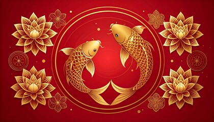 Golden koi fish swim surrounded by lotus flowers on red background