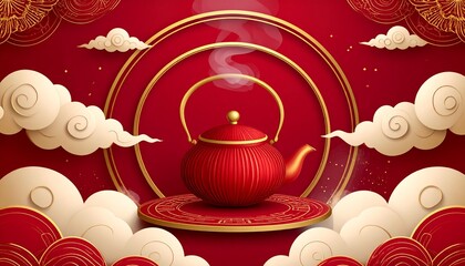 Vibrant red Chinese teapot on decorative plate with gold accents and swirling clouds