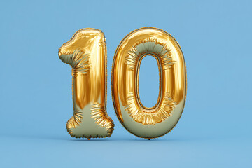 Golden happy birthday foil balloon in shape of number 10 title inscription against blue background. 