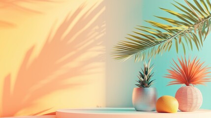 Fototapeta premium Colorful Plants with Tropical Leaves and Shadows on a Stylish Background