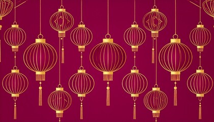 Vibrant Chinese lanterns hanging in a row on red background