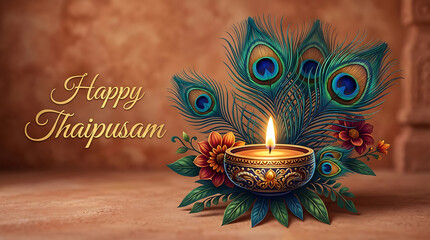 Elegant happy thaipusam festival background featuring peacock feathers and glowing oil lamp with flowers honoring lord murugan suitable for greeting banners