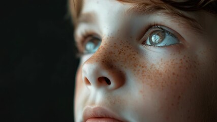 A boy with brown hair and blue eyes. His nose is red and he has freckles