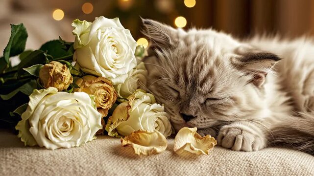 Sleeping cat on beige sofa with white roses and petals, soft background lights. Possible use relaxation or pet advertisement