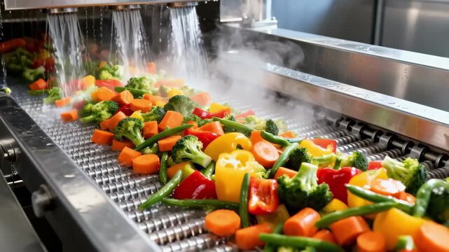 Conveyorbased blanching line processing a colorful mix of chopped vegetables with hot water jets softening them evenly prior to rapid freezing.