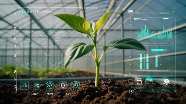 Young plant growing in greenhouse with digital overlay of futuristic data and statistics