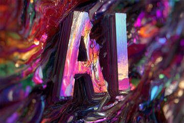 Futuristic modern design abstract concept of artificial intelligence. AI text title inscription against vibrant trippy colorful shapes.