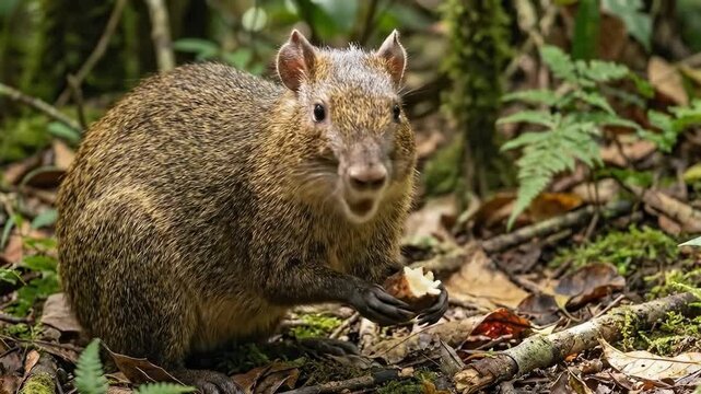 An agouti is sitting in a forest setting while eating something it is holding in its paws. The agouti is brown with distinctive orange ears.