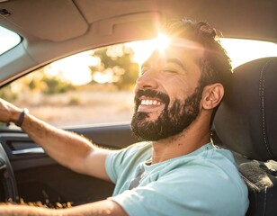 Man with beard and sun-kissed skin smiling in convertible, outdoors, sun shining