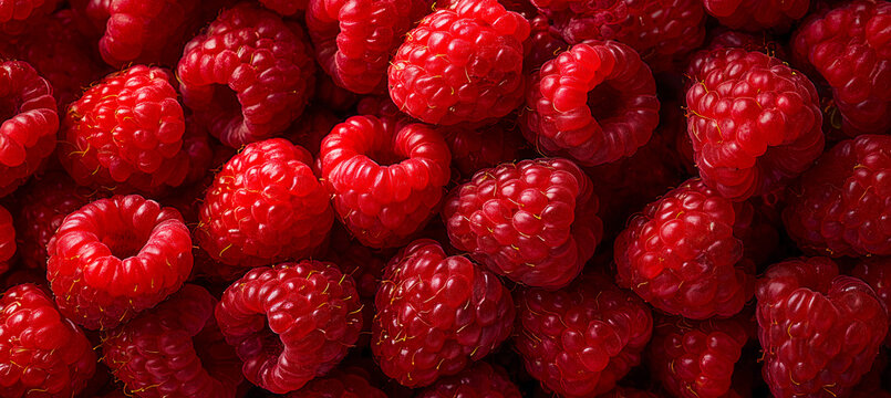 Fresh ripe raspberries forming a vibrant red natural texture background.
