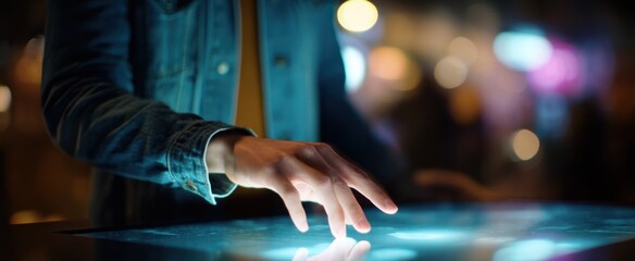 The person softly engages with the digital touchscreen immersed in a relaxed moment.