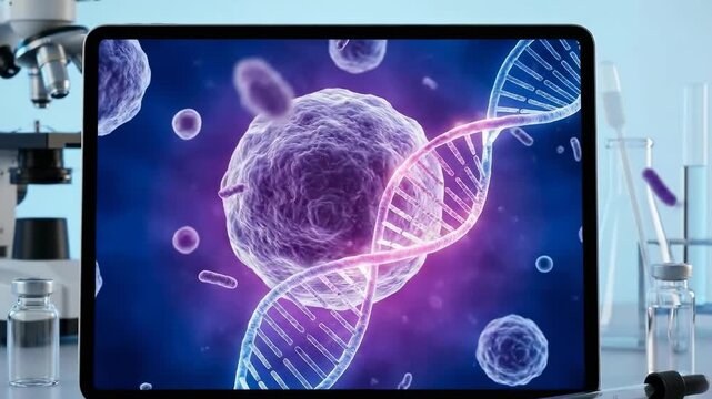 The image showcases a digital representation of biological elements like cells and a DNA strand, displayed on a tablet. A microscope and lab equipment are visible in the background, suggesting a scien