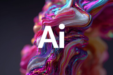 Futuristic modern design abstract concept of artificial intelligence. AI text title inscription against vibrant trippy colorful shapes.