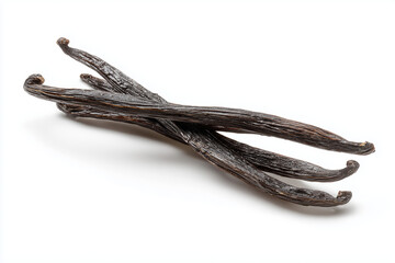 Dried vanilla sticks spice tied with tourniquet isolated on white background.