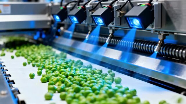 Advanced optical sensors detect foreign objects and imperfections in fresh peas moving quickly down the line triggering targeted air blasts to remove defective items efficiently.