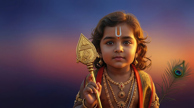 Young child lord murugan holding golden vel spear with peacock feather against sunset sky illustrating divine power for thaipusam festival and spirituality
