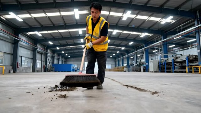 Medium shot of a worker sweeping industrial mill floors ensuring cleanliness and preventing pest infestations in a large production area.