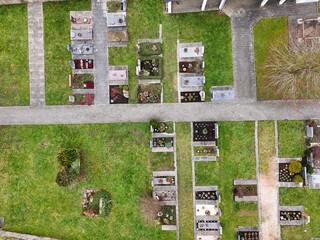 Aerial View of a Small Cemetery with Ordered Graves and Pathways