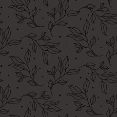 Plant branches dark gray pattern print background with leaves. Farmhouse backdrop and floral bunches nocturn style