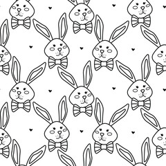 Seamless pattern with hand-drawn outline drawings of rabbits on a white background. Easter celebration and spring holidays. Coloring pattern