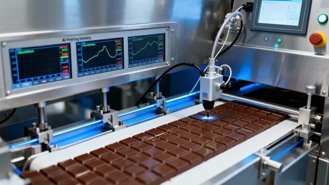 Medium shot of AI tempering control unit with sensors finetuning chocolate crystallization curves showcasing hightech accuracy in confectionery processing.