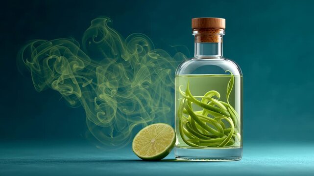 Glass bottle filled with green herbs and lime slice beside it, showcasing vibrant colors and swirling smoke, highlighting the infusion process and visual appeal of herbal essence in a creative display