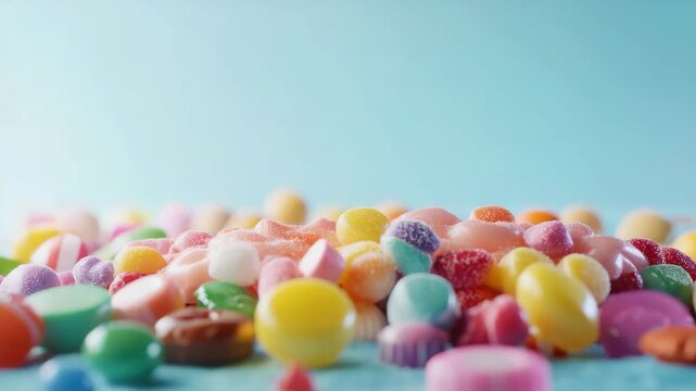 A brain made of candy is on a table with many other candies. The brain is pink and has many different colored candies on it