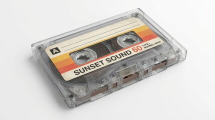 昭和レトロな透明ケース入りの音楽用カセットテープの3Dイラスト白背景 generative ai