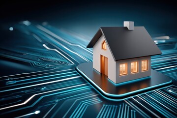 Smart home on a blue circuit board illustrating the fusion of technology and housing