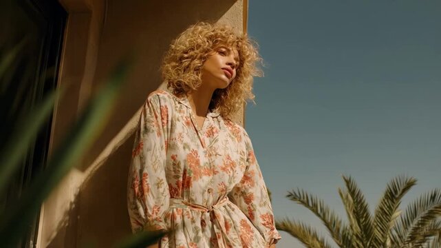 Medium shot of a model showcasing lightweight linen dress with floral patterns perfect for springtime freshness and comfortable transitional weather.