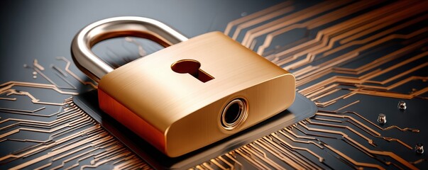 Gold padlock on a complex circuit board representing digital security and data protection