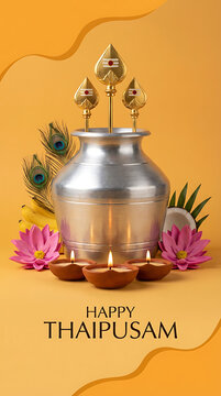 Traditional silver milk pot or paal kudam adorned with three vels and fruit offerings for happy thaipusam festival celebrating hindu deity lord murugan