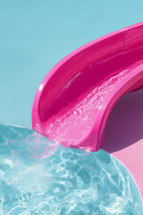 Pink water slide curves against pastel blue background and clear swimming pool water. Vibrant summer holiday background concept.
