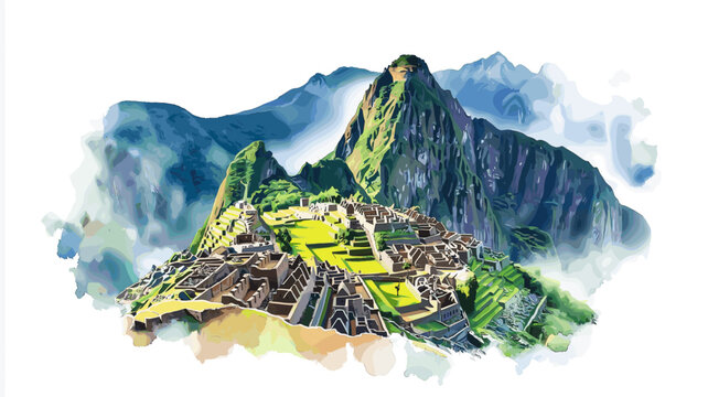 Machu Picchu. Machu Picchu hand drawn watercolor illustration