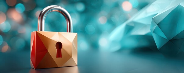 Secure data concept with a geometric padlock against a blue abstract background for security and privacy