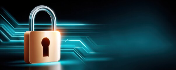 Secure lock symbol in blue neon style on black background—cyber security and digital protection visual