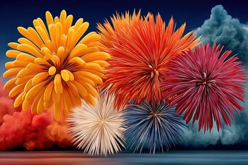 Obraz premium Colorful fireworks explode over a dark night sky in vibrant orange, red, white and blue bursts