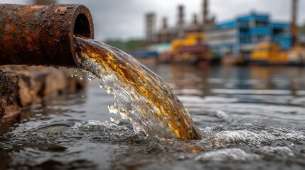 Industrial water pollution from a rusty pipe discharging toxic waste. Dirty sewage flowing into river. Environmental damage concept