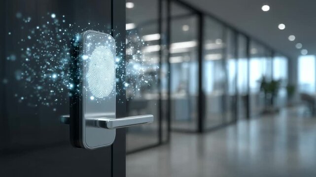 Advanced security door lock with a biometric fingerprint scanner granting access to a modern office. Futuristic digital particles form a thumbprint, symbolizing secure authentication