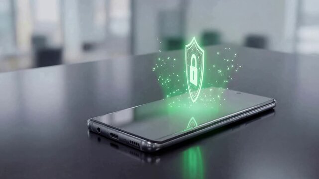 Digital shield icon with a padlock appearing above a smartphone screen, symbolizing cybersecurity, data protection, and privacy concepts for mobile devices against online threats and viruses