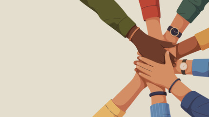 People from diverse backgrounds stacking their hands together symbolizing strong unity and collaboration