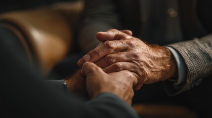 Obraz premium A young person comforting an older senior man by holding his hands. Concept of empathy, support, and family connection