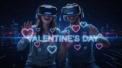 Happy couple wearing VR headsets celebrating Valentine's Day in the metaverse. Man and woman interacting with glowing neon hearts and text. Virtual reality dating concept