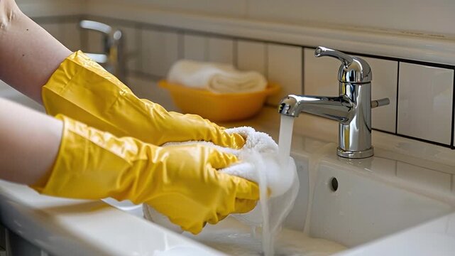 A person is washing a dishcloth in a kitchen sink. They wear yellow gloves and water flows from the faucet. The setting is a kitchen, and the scene demonstrates a cleaning task