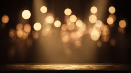 Warm spotlight stage with blurred golden bokeh lights