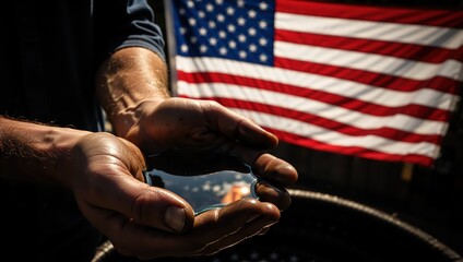 A worker's hands holding crude oil in front of an American flag. USA energy industry and blue-collar labor concept