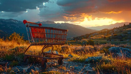 Rusty shopping cart in mountain storm