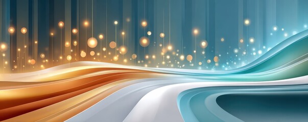 Blue and orange abstract futuristic background with glowing orbs and flowing ribbons